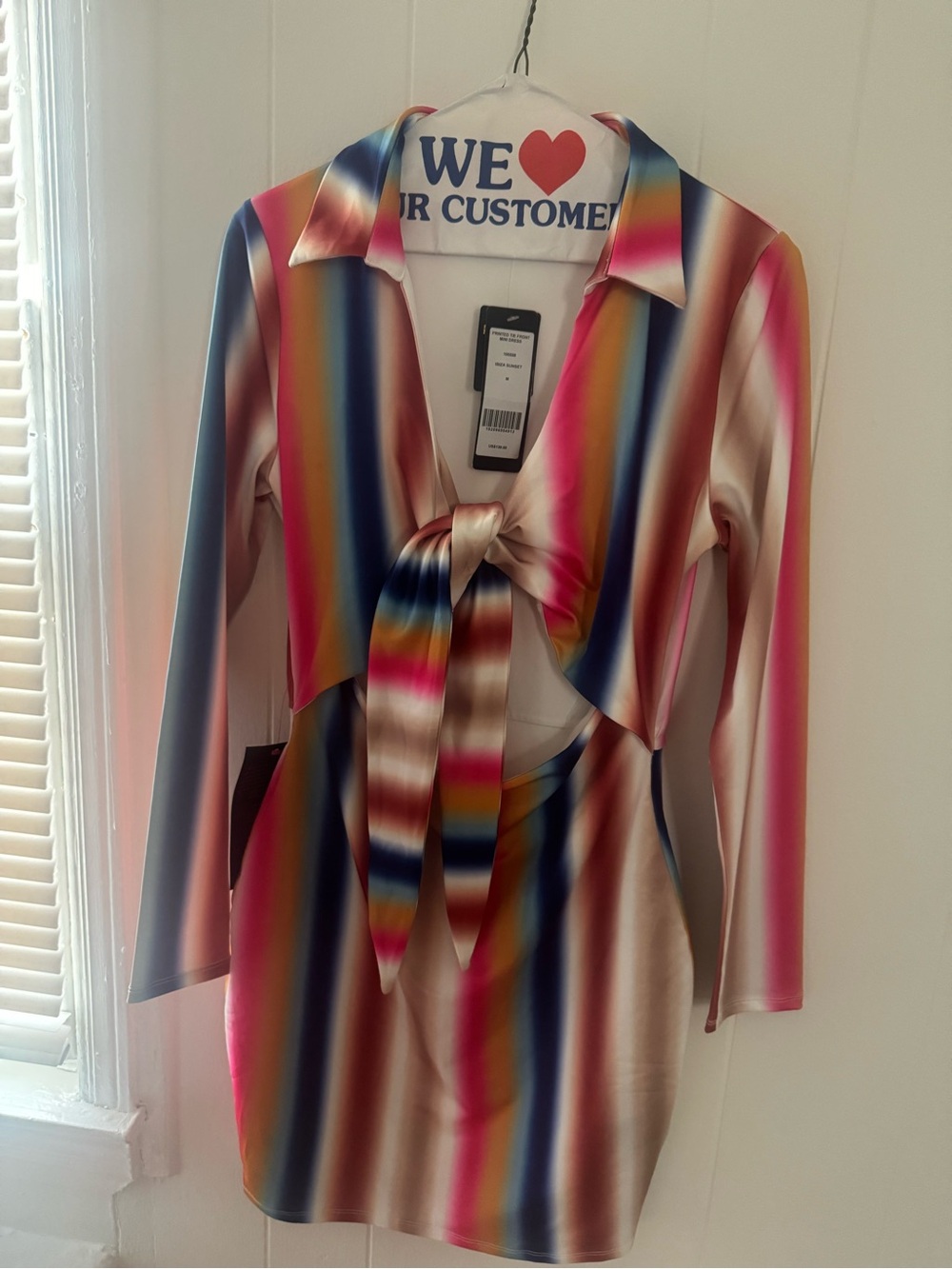 bebe Multicolor Striped Mini Dress with Tie Front